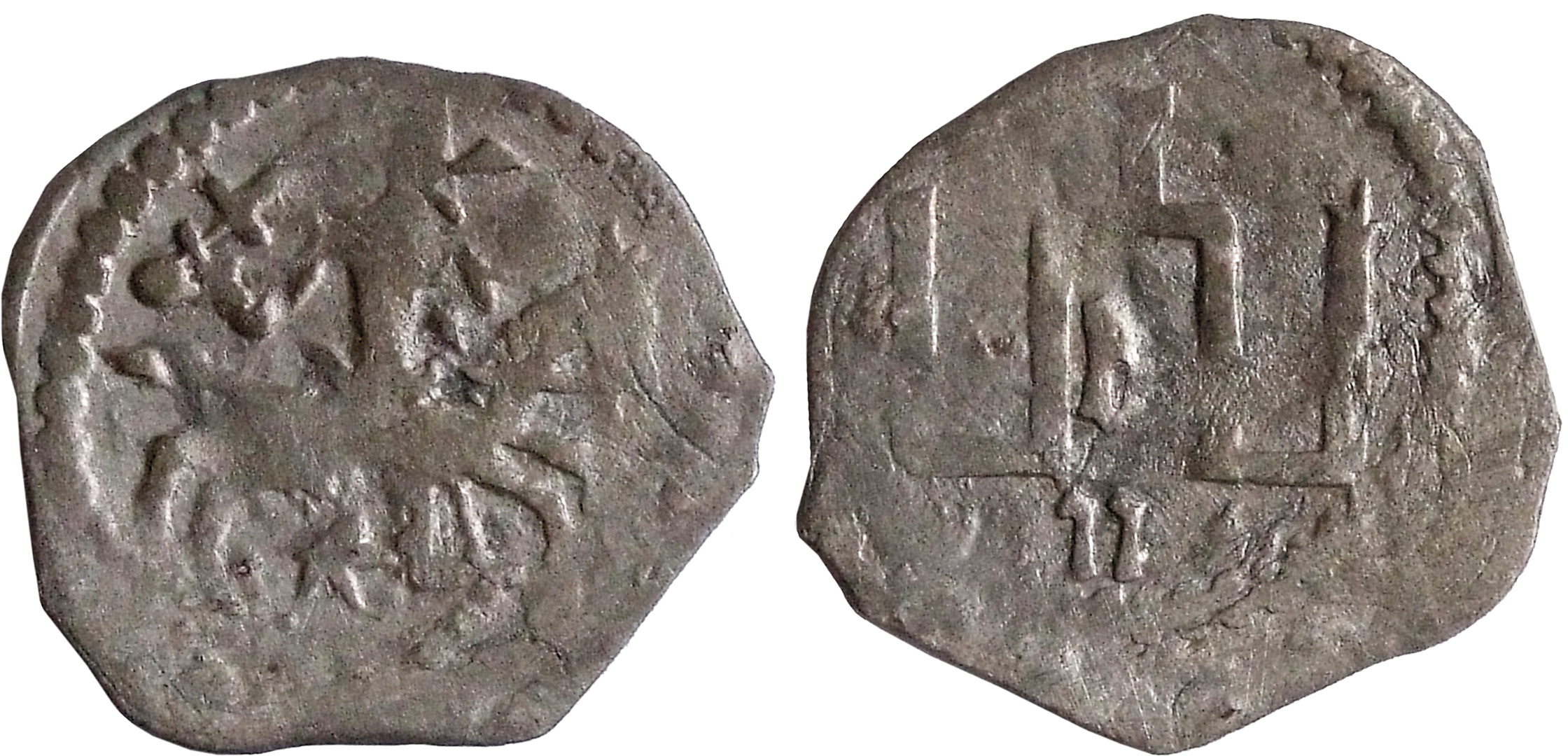 LDK. Kazimieras. Denaras. Apie 1450–1460 m. Sidabras. Ø 14 mm, Labanoro lobio (Švenčionių r., XV a. 8 deš./1965) moneta