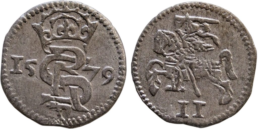 Kuršas. Gotardas Ketleris. Dvidenaris. 1579 m. Sidabras. Ø 14,3 mm, Labūnavos lobio (Kėdainių r., 1601/2001) moneta