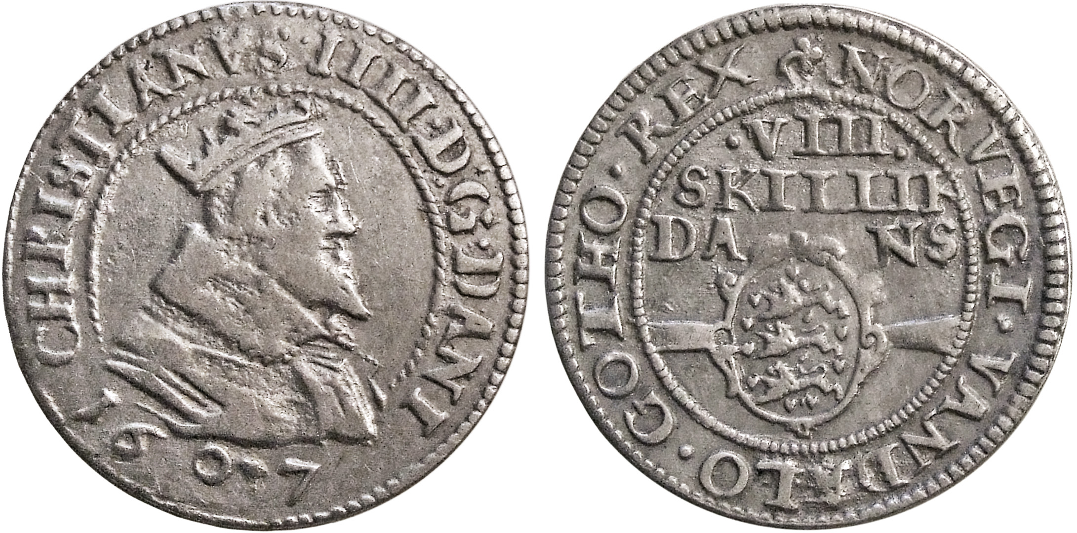 Danija. Kristijonas IV. 8 skilingai. 1607 m. Sidabras. Ø 24 mm, L. Stuokos-Gucevičiaus g. lobio (Vilnius, 1630/2003) moneta