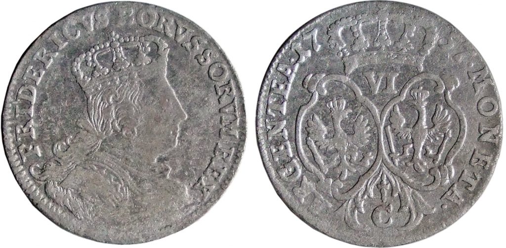 Prūsija. Klėvė. Frydrichas II. 6 kreiceriai. 1757 m. Sidabras. Ø 24 mm, Sankelių lobio (Vilniaus r., 1761/2003) moneta