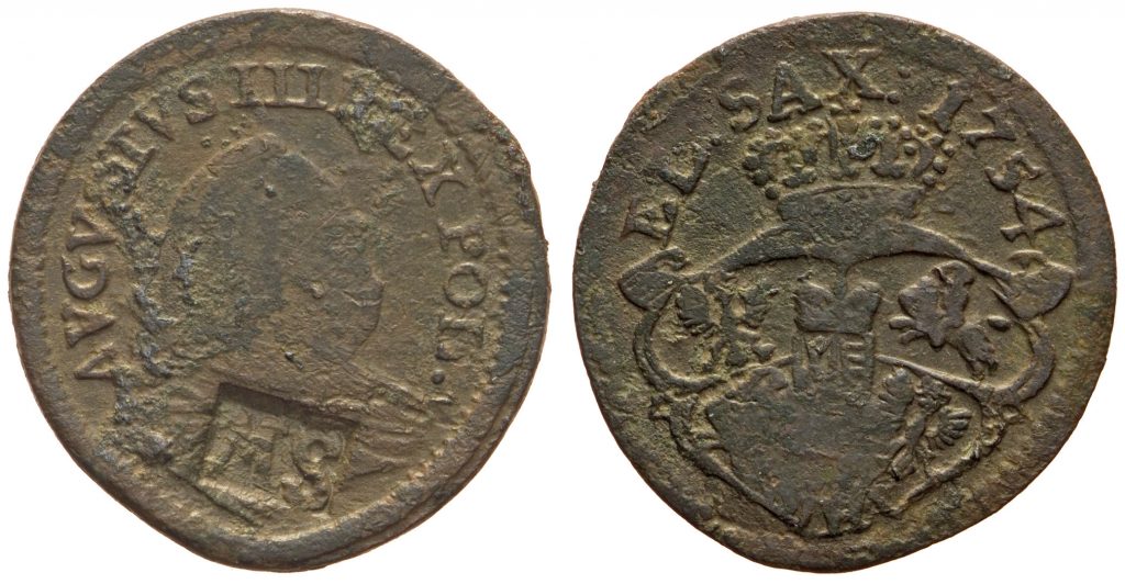 Lenkija. Augustas III. Grašis. 1754 m., kontrasignuotas inicialais „M S“. Varis. Ø 21,7 mm, Valdovų rūmai, Vilnius