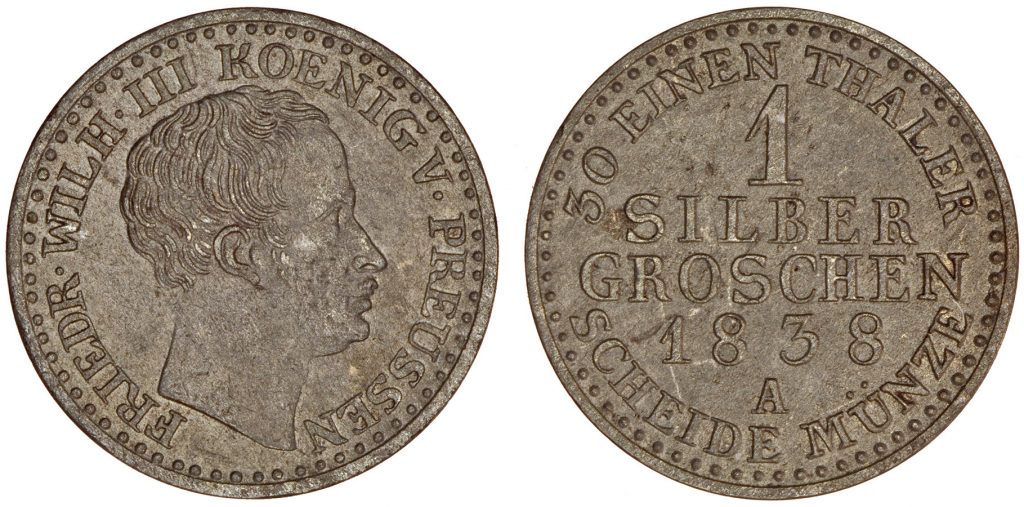 Prūsija. Frydrichas Vilhelmas III. 1 grašis. 1838 m. Sidabras. Ø 18,5 mm, Žemoji Panemunė, Šakių r.