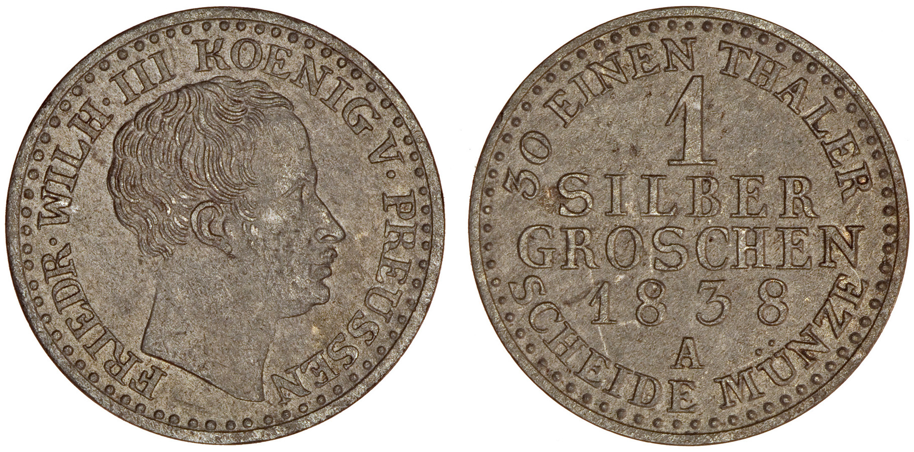 Prūsija. Frydrichas Vilhelmas III. 1 grašis. 1838 m. Sidabras. Ø 18,5 mm, Žemoji Panemunė, Šakių r.