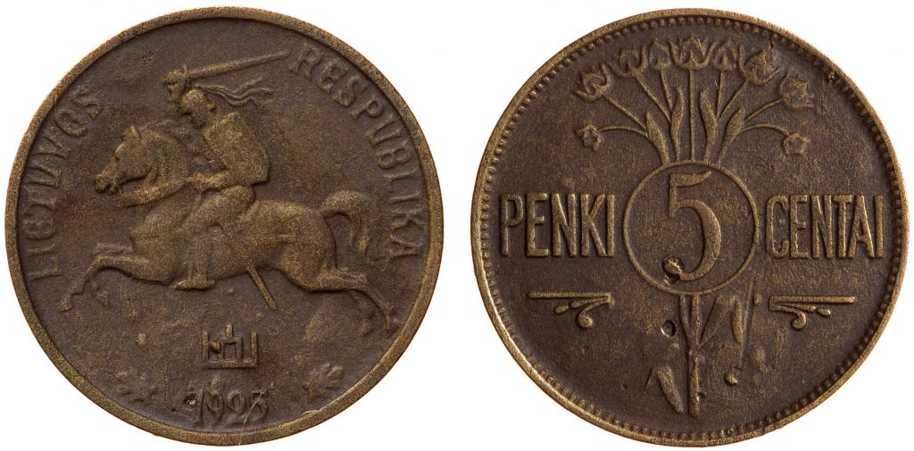 Lietuva. 5 centai. 1925 m. Aliuminio-bronza. Ø 19,0 mm, Žemoji Panemunė, Šakių r.
