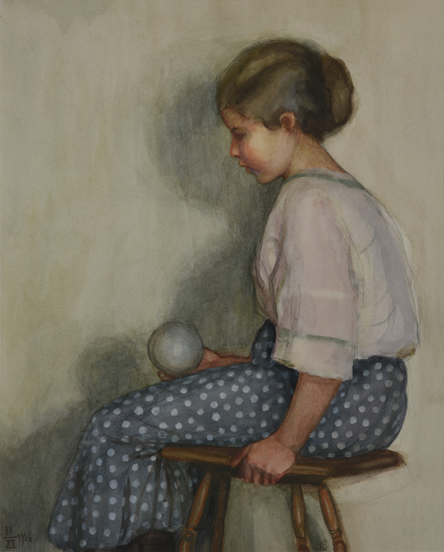 Mergaitė su sviediniu. 1916 m. Popierius, akvarelė; 37,8 × 30,5 cm. LNM T 723