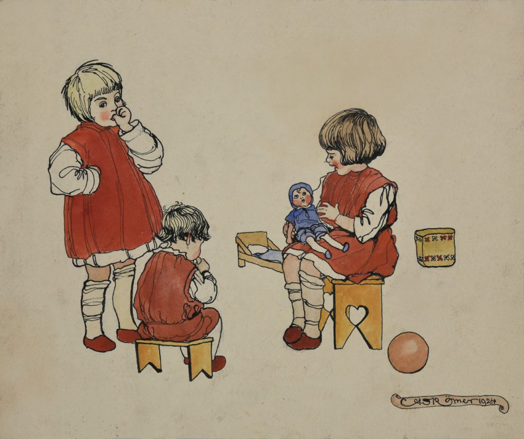 Vaikai žaidžia. 1924 m. Popierius, tušas, plunksnelė, akvarelė; 27,3 × 33 cm. LNM T 757