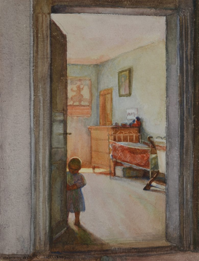 Vaikų kambario vidus. Janapolė, 1922 m. Popierius, akvarelė; 36,6 × 27,8 cm. LNM T 783