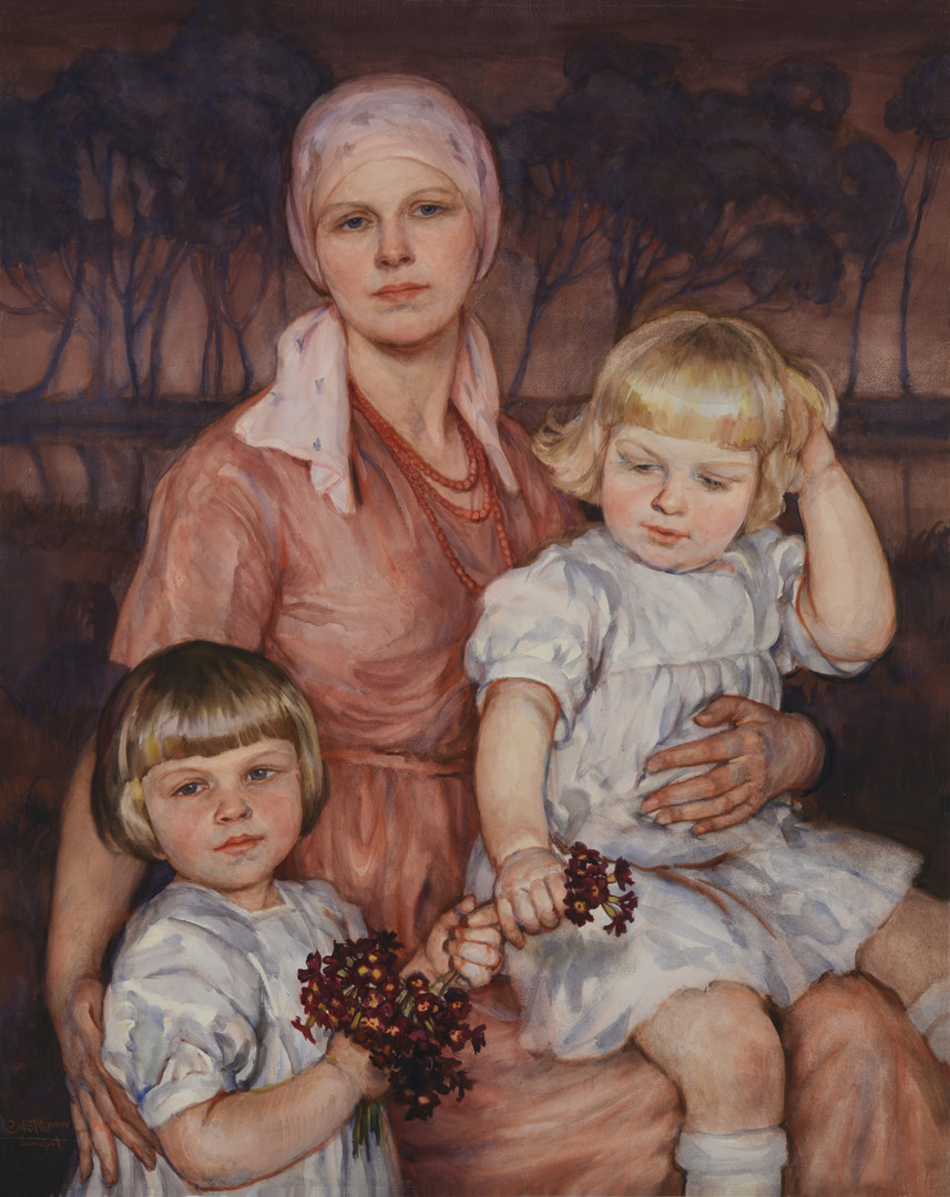 Autoportretas su dviem vaikais. Janapolė, 1934 m. Popierius, akvarelė; 91 × 72,5 cm. LNM T 830