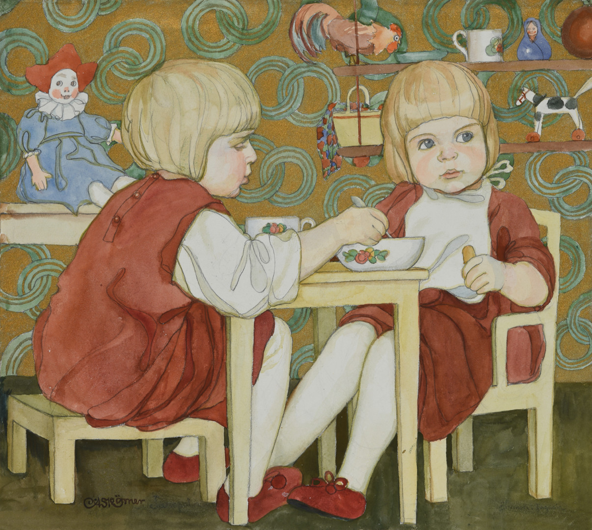 Mažos mergaitės valgo. Janapolė. Popierius, pieštukas, akvarelė; 36,5 × 40 cm. LNM T 950