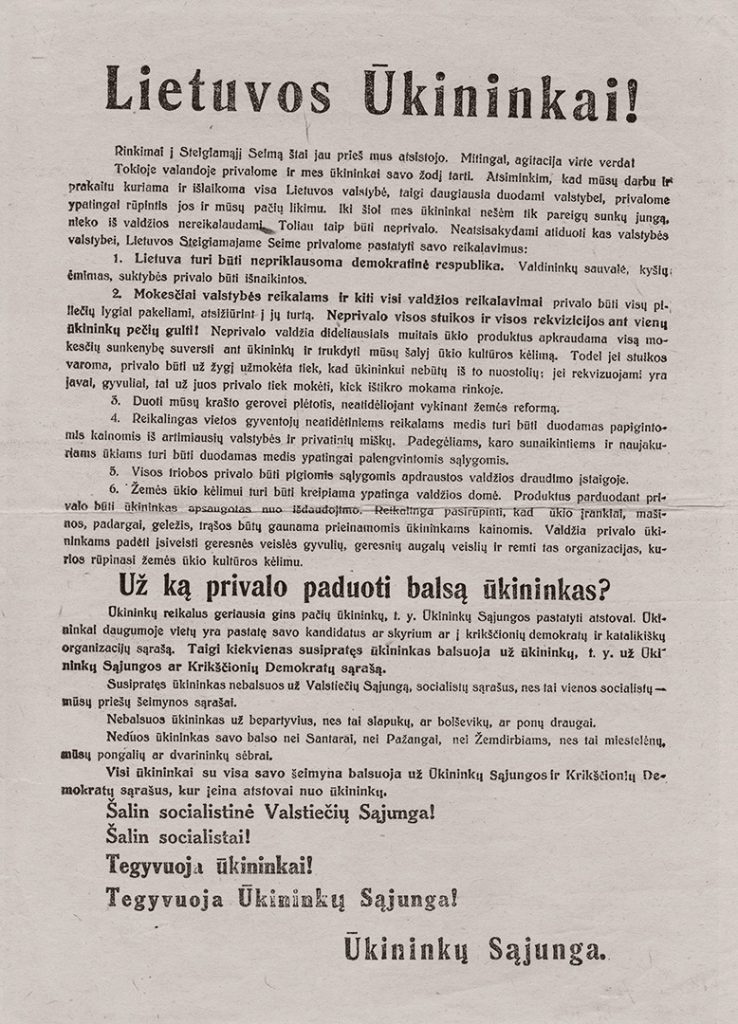 Atsišaukimas „Lietuvos ūkininkai!“, raginantis balsuoti už Ūkininkų sąjungą. 1920 m. Lietuvos nacionalinis muziejus