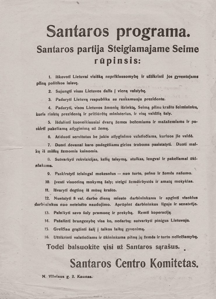 Demokratinės tautos laisvės santaros Steigiamojo Seimo rinkimų programa. 1920 m. Lietuvos nacionalinis muziejus
