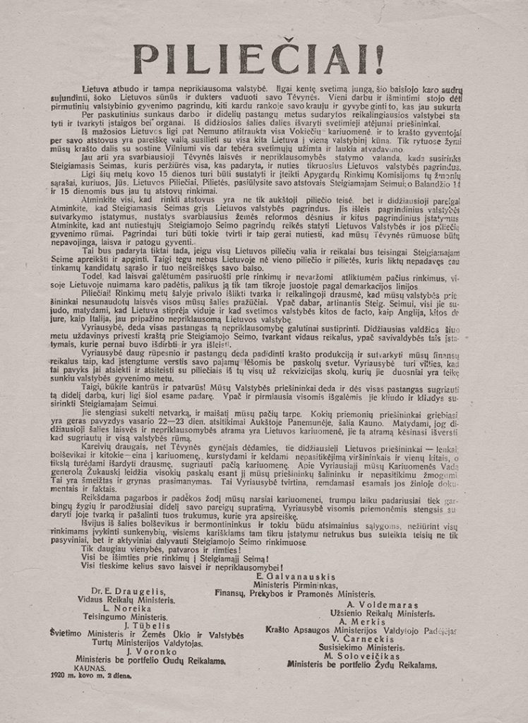 Ministrų Kabineto kreipimasis „Piliečiai!“, raginantis balsuoti Steigiamojo Seimo rinkimuose. Kaunas, 1920 m. kovo 2 d. Lietuvos nacionalinis muziejus
