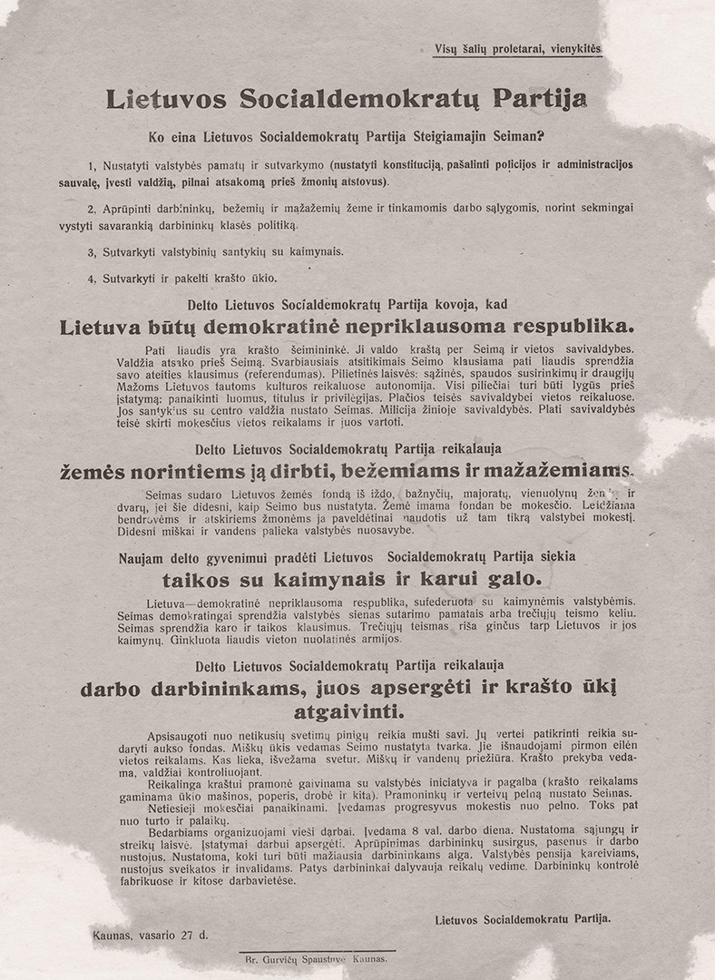 Atsišaukimas, kviečiantis Steigiamojo Seimo rinkimuose balsuoti už Lietuvos socialdemokratų partiją. Kaunas, Brolių Gurvičių spaustuvė, 1920 m. vasario 27 d. Lietuvos nacionalinis muziejus