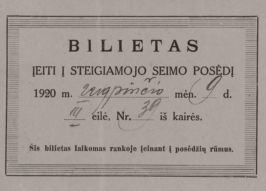 Įėjimo į Steigiamojo Seimo 1920 m. rugpjūčio 9 d. posėdį bilietas. Lietuvos nacionalinis muziejus