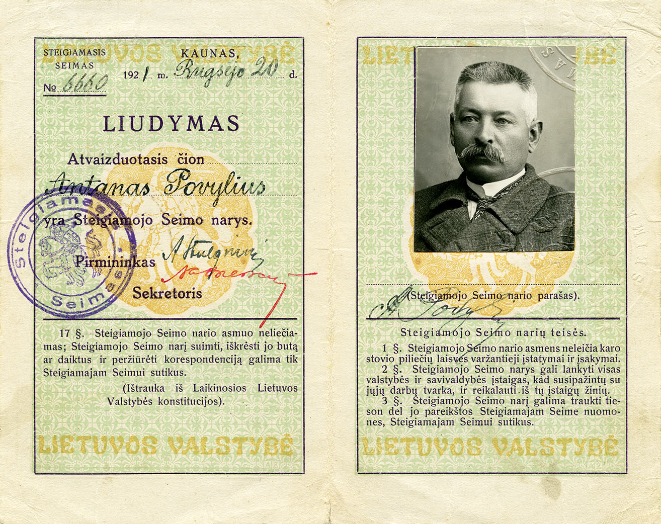 Antano Povyliaus Steigiamojo Seimo nario pažymėjimas, išduotas 1921 m. rugsėjo 20 d. Lietuvos nacionalinis muziejus