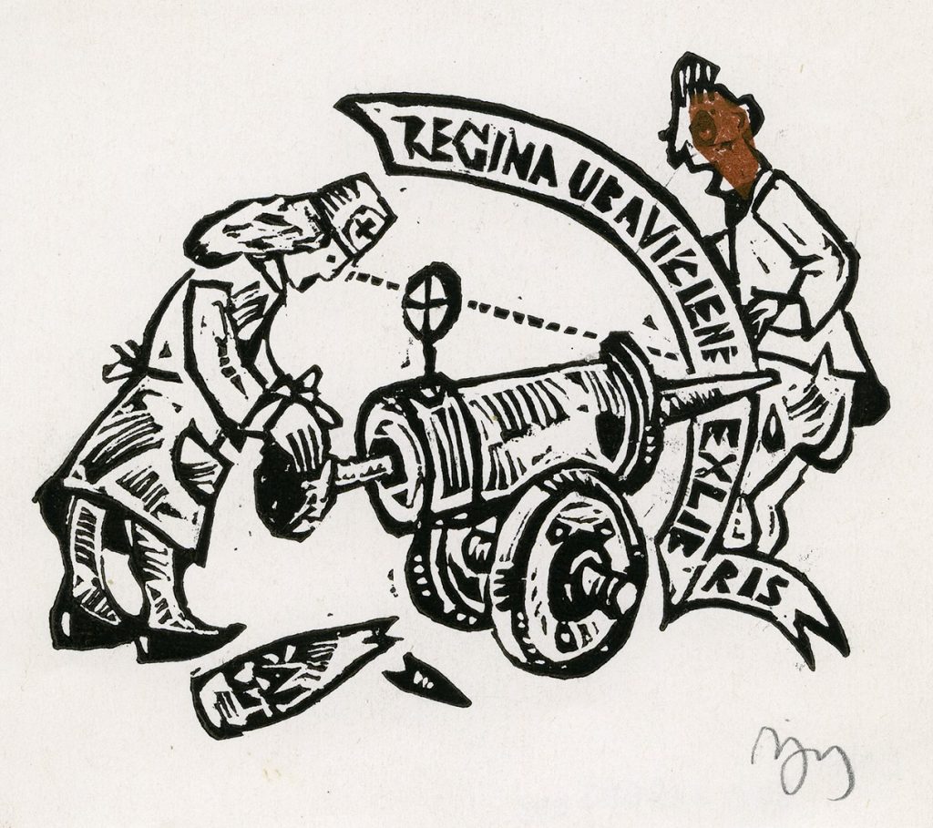 Reginos Ubavičienės ekslibrisas. Vilnius, 1982 m. Popierius, linoraižinys, dvi spalvos; 87 x 107 (107 x 123) mm. Lietuvos nacionalinis muziejus