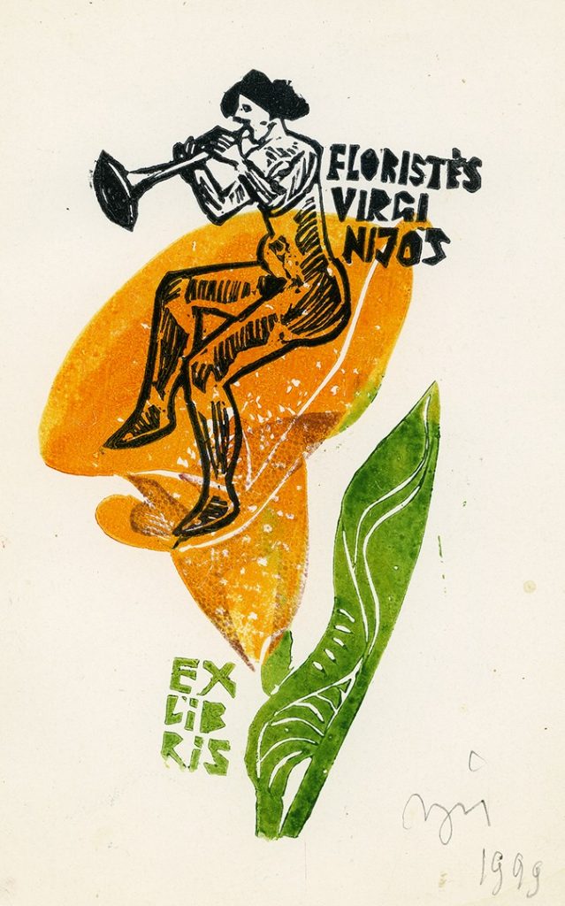 Floristės Virginijos ekslibrisas. Vilnius, 1999 m. Popierius, linoraižinys, trys spalvos; 122 x 70 (150 x 99) mm. Lietuvos nacionalinis muziejus