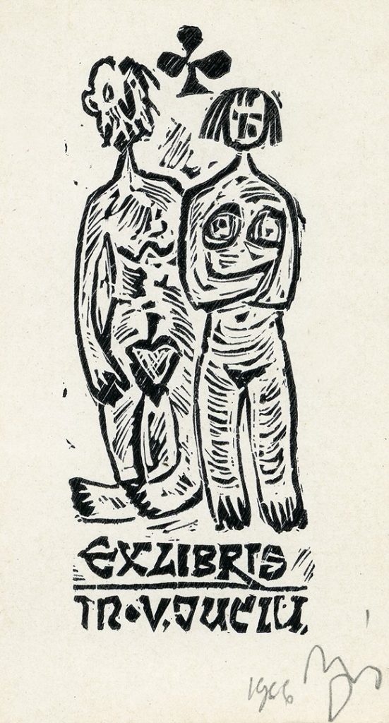 Matildos ir Valerijono Vytauto Jucių ekslibrisas Vilnius, 1966 m. Popierius, linoraižinys; 88 x 35 (110 x 63) mm. Lietuvos nacionalinis muziejus
