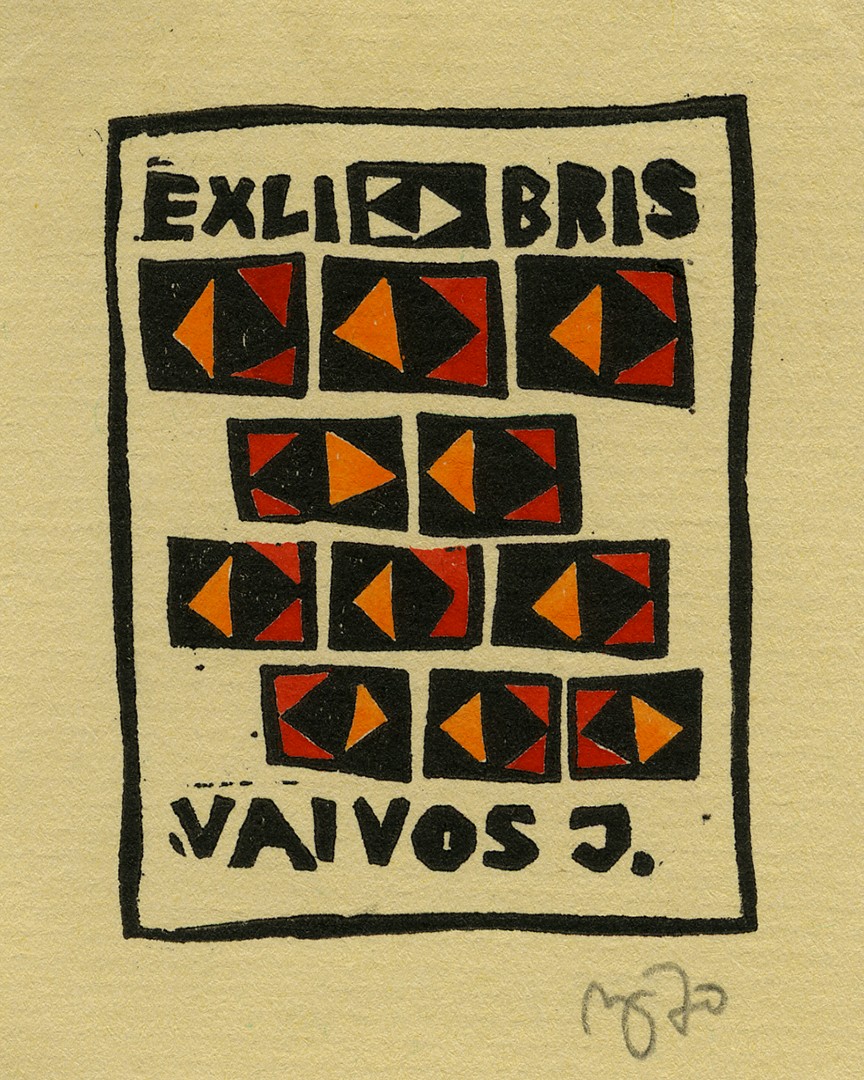 Vaivos J. ekslibrisas. Vilnius, 1970 m. Popierius, linoraižinys, trys spalvos; 58 x 45 (80 x 62) mm. Lietuvos nacionalinis muziejus