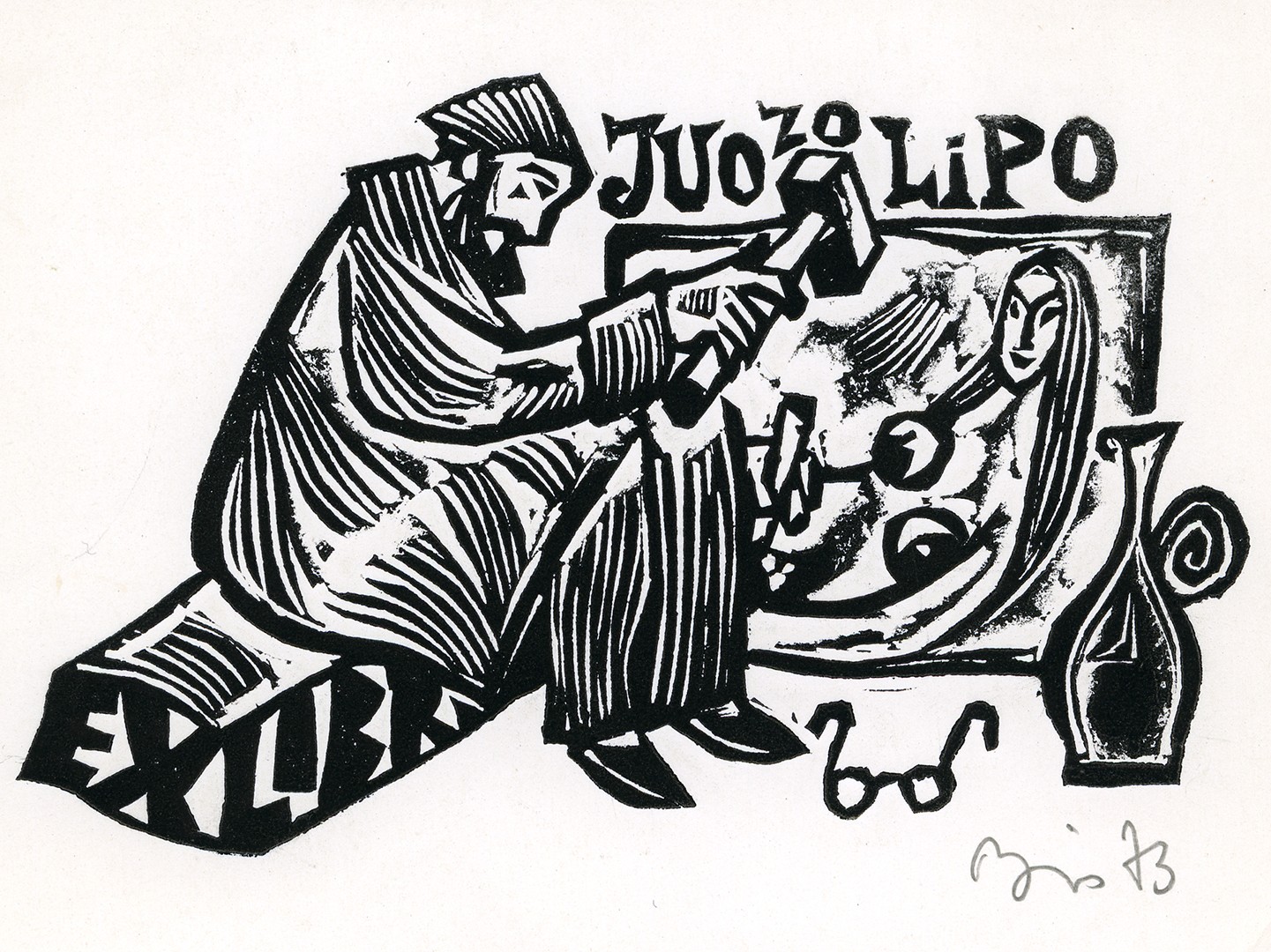 Juozo Lipo ekslibrisas. Vilnius, 1973 m. Popierius, linoraižinys; 75 x 118 (97 x127) mm. Lietuvos nacionalinis muziejus