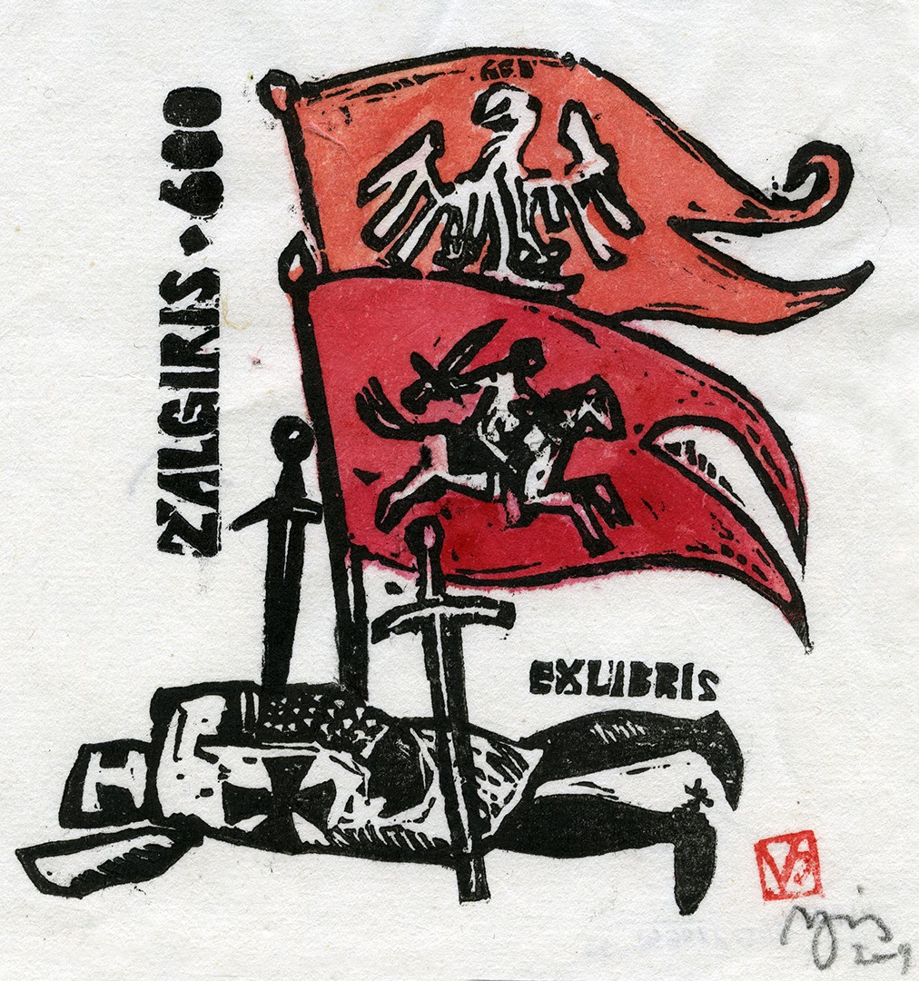 Ekslibrisas Žalgiris 600. Vilnius, 2009 m. Popierius, linoraižinys, spalvinta ranka; 134 x 120 (150 x 143) mm. Lietuvos nacionalinis muziejus