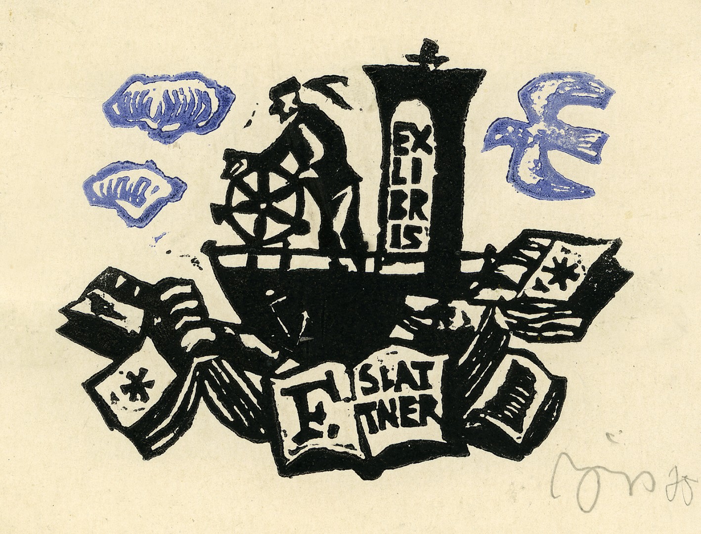 Franzo Slattnerio ekslibrisas. Vilnius, 1975 m. Popierius, linoraižinys, dvi spalvos; 65 x 85 (82 x 106) mm. Lietuvos nacionalinis muziejus