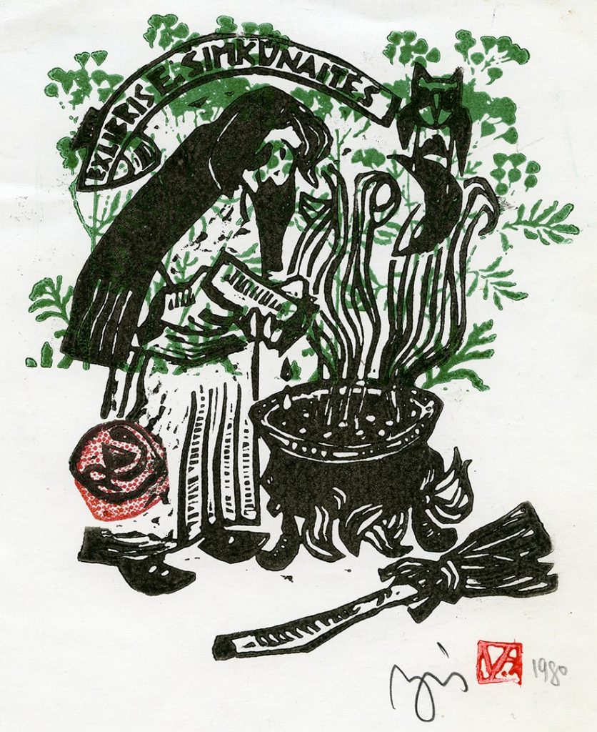 Eugenijos Šimkūnaitės ekslibrisas. Vilnius, 1980 m. Popierius, linoraižinys, trys spalvos; 135 x 115 (160 x 130) mm. Lietuvos nacionalinis muziejus