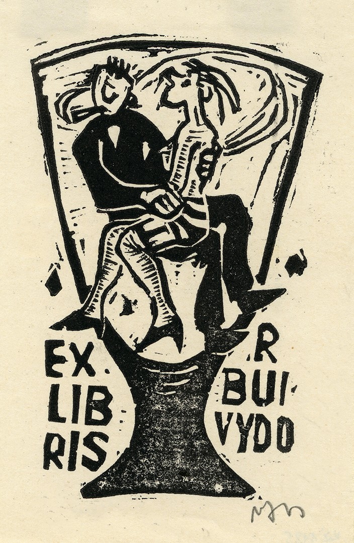 Rimanto Buivydo ekslibrisas. Vilnius, 1960 m. Popierius, linoraižinys; 105 x 67 (125 x 85) mm. Lietuvos nacionalinis muziejus