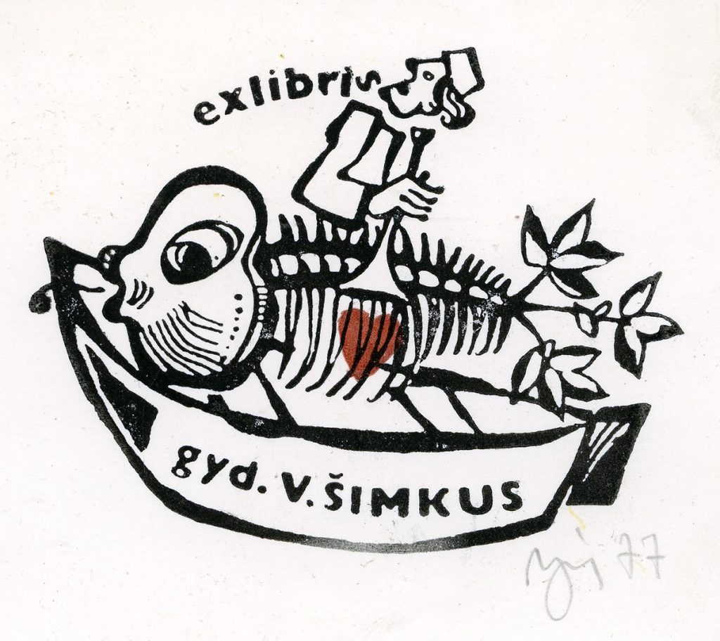 Gyd. V. Šimkaus ekslibrisas. Vilnius, 1977 m. Popierius, linoraižinys, dvi spalvos; 70 x 90 (93 x 112) mm. Lietuvos nacionalinis muziejus