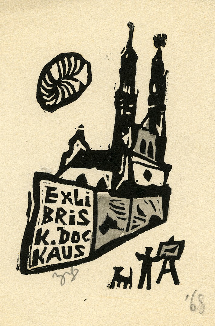 Konstantino Dockaus ekslibrisas. Vilnius, 1968 m. Popierius, linoraižinys, dvi spalvos; 80 x 50 (110 x 75) mm. Lietuvos nacionalinis muziejus