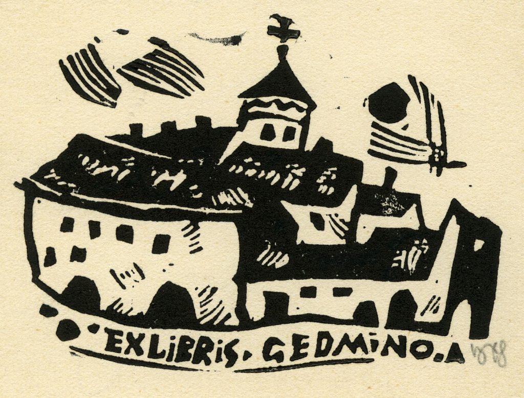 Antano Gedmino ekslibrisas. Vilnius, 1968 m. Popierius, linoraižinys, spalvinta ranka; 70 x 73 (95 x 88) mm. Lietuvos nacionalinis muziejus