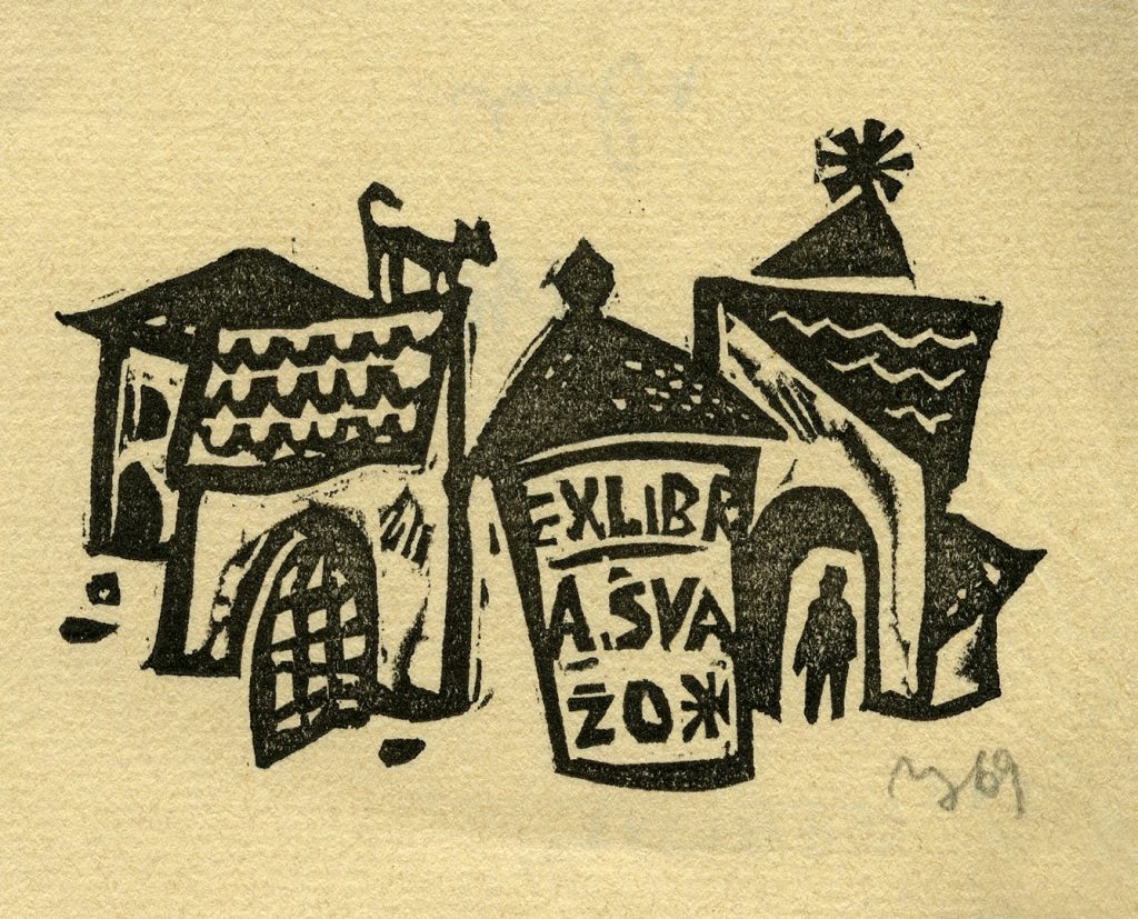 Algimanto Švažo ekslibrisas. Vilnius, 1969 m. Popierius, linoraižinys; 52 x 7 (74 x 92) mm. Lietuvos nacionalinis muziejus
