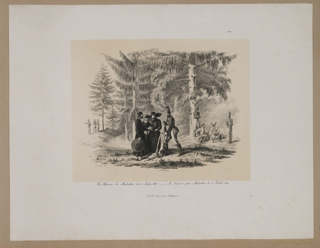 Stovykla prie Molėtų 1812 m. liepos 5 d. 1844 m. Atspaudė G. Küstner. Štutgartas, Ch. F. Autenrietho litografijos spaustuvė. Iš albumo Blätter aus meinem Portefeuille, im Laufe des Feldzugs 1812.