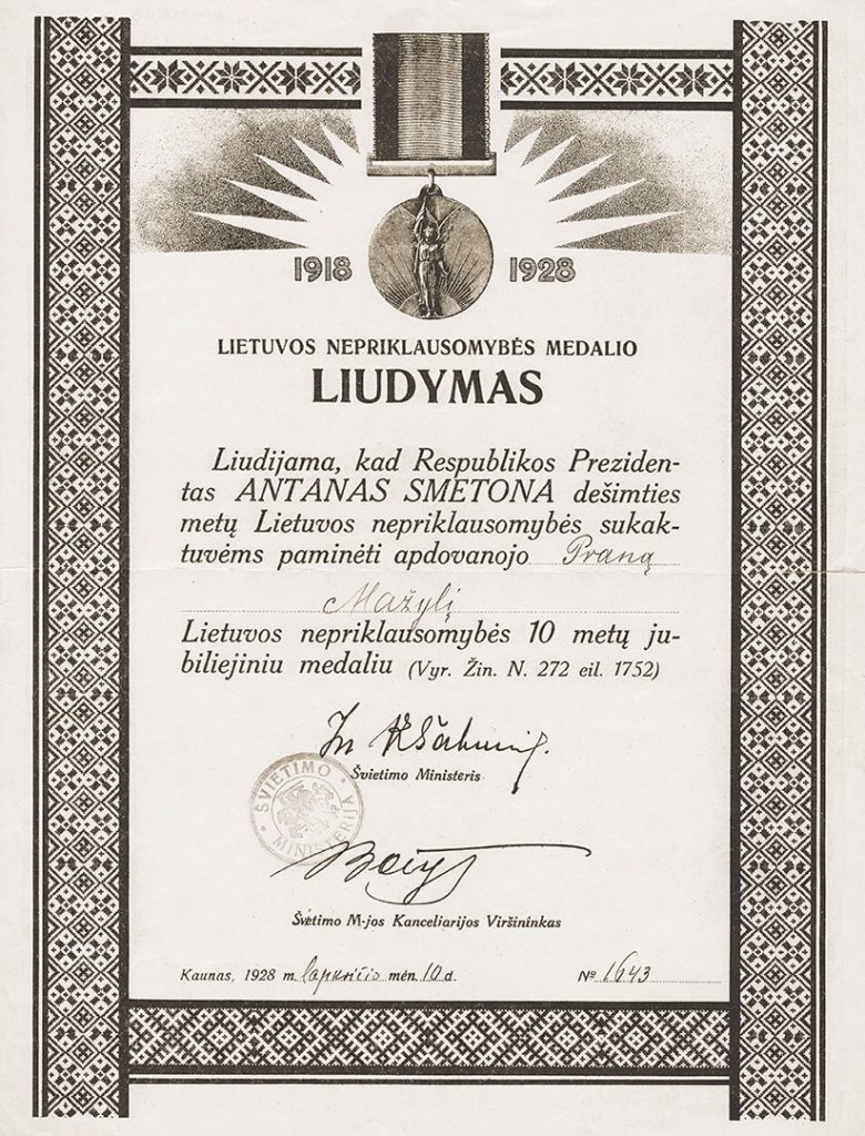 Lietuvos universiteto dėstytojo gydytojo Prano Mažylio Nepriklausomybės medalio liudijimas. Kaunas, 1928 m. lapkričio 10 d. R 5035